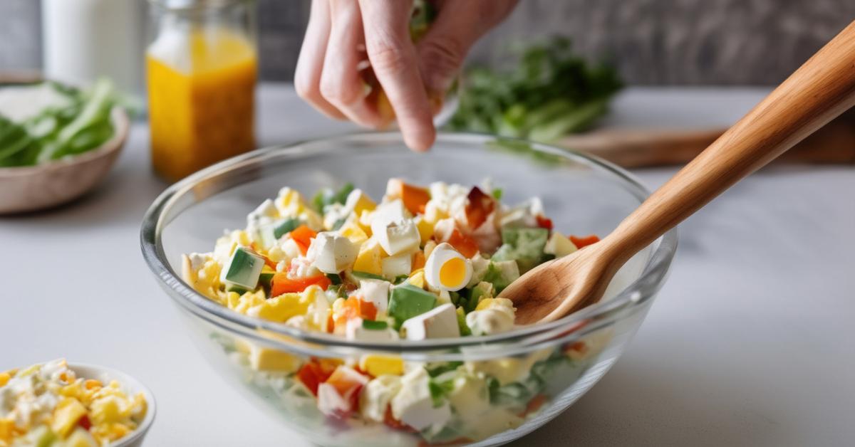Składniki sałatki z jajek: jajka, ogórek, rzodkiewka, kukurydza, feta, szczypiorek i majonez.